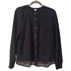 J. Crew Pont Sur Lace Peasant Top 100% Cotton Long Sleeve Black Size Medium